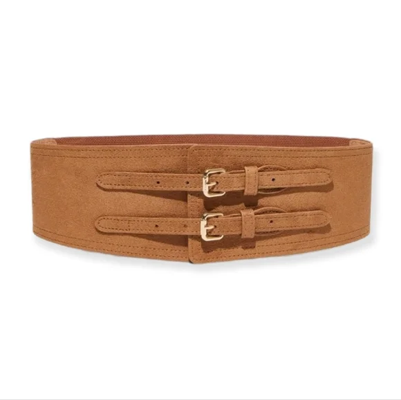 Boho Brown Wide faux suede leather double buckle corset waist elastic belt - Picture 6 of 12